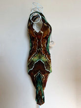 Load image into Gallery viewer, Custom Ice Dyed Denim Jacket in ‘Northern Lights’ and Geode Bodycon Dress in ‘Boulder Turquoise’ for Elliemaeishguan