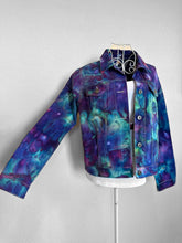 Load image into Gallery viewer, Custom Ice Dyed Denim Jacket in ‘Northern Lights’ and Geode Bodycon Dress in ‘Boulder Turquoise’ for Elliemaeishguan