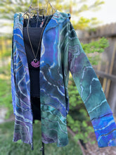 Load image into Gallery viewer, Custom Reverse Geode Dress in ‘Midnight Sapphire’ and Reverse Geode Hooded Sweatshirt Cardigan in ‘Abalone’ for Kari