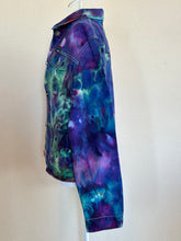 Load image into Gallery viewer, Custom Ice Dyed Denim Jacket in ‘Northern Lights’ and Geode Bodycon Dress in ‘Boulder Turquoise’ for Elliemaeishguan