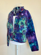 Load image into Gallery viewer, Custom Ice Dyed Denim Jacket in ‘Northern Lights’ and Geode Bodycon Dress in ‘Boulder Turquoise’ for Elliemaeishguan