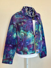 Load image into Gallery viewer, Custom Ice Dyed Denim Jacket in ‘Northern Lights’ and Geode Bodycon Dress in ‘Boulder Turquoise’ for Elliemaeishguan