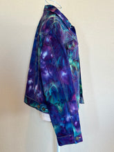 Load image into Gallery viewer, Custom Ice Dyed Denim Jacket in ‘Northern Lights’ and Geode Bodycon Dress in ‘Boulder Turquoise’ for Elliemaeishguan