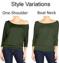 Load image into Gallery viewer, Women’s 2X Off Shoulder 3/4 Sleeve Dolman Top in ‘Moss Agate’ Twist