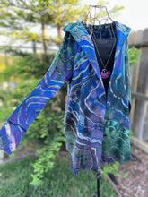 Load image into Gallery viewer, Custom Reverse Geode Dress in ‘Midnight Sapphire’ and Reverse Geode Hooded Sweatshirt Cardigan in ‘Abalone’ for Kari