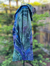Load image into Gallery viewer, Custom Reverse Geode Dress in ‘Midnight Sapphire’ and Reverse Geode Hooded Sweatshirt Cardigan in ‘Abalone’ for Kari