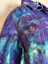 Load image into Gallery viewer, Custom Ice Dyed Denim Jacket in ‘Northern Lights’ and Geode Bodycon Dress in ‘Boulder Turquoise’ for Elliemaeishguan