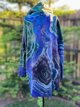 Load image into Gallery viewer, Custom Reverse Geode Dress in ‘Midnight Sapphire’ and Reverse Geode Hooded Sweatshirt Cardigan in ‘Abalone’ for Kari