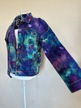 Load image into Gallery viewer, Custom Ice Dyed Denim Jacket in ‘Northern Lights’ and Geode Bodycon Dress in ‘Boulder Turquoise’ for Elliemaeishguan