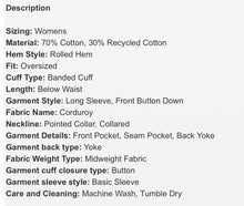 Load image into Gallery viewer, Women’s Large (can fit an XL too) Oversized Geode Corduroy Long Sleeve Button Up Shirt with Pockets in ‘Rustic Rainbow’