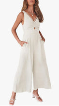Load image into Gallery viewer, Women’s Medium Linen/Rayon V-Neck Strappy Jumpsuit with Pockets in ‘Shiitake Twist’