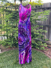 Load image into Gallery viewer, Custom Blue Rayon Dress, Reverse Geode Maxi Dress & Reverse Geode Mini Skirt for Jessica