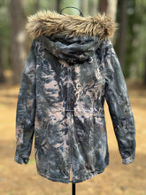Load image into Gallery viewer, Women’s Size 10 (Fits like a Medium/Large) Upcycled Sherpa Lined Parka Jacket with Faux Fur Hood in ‘Raven Rose’
