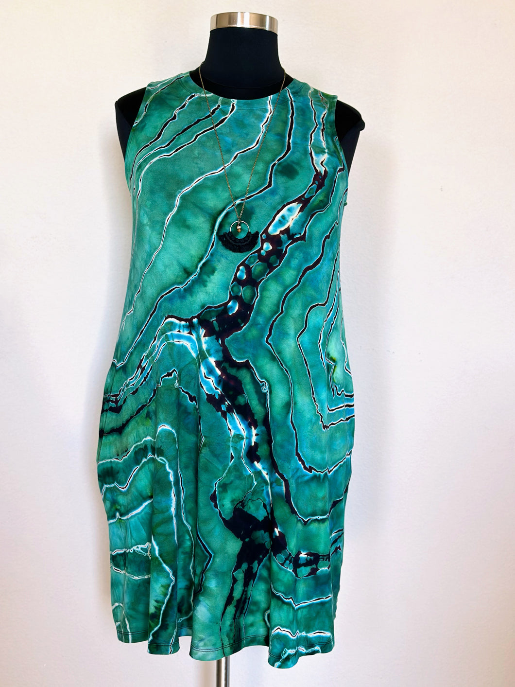 Custom Reverse Geode Sleeveless Swing Dress in ‘Malachite’ for Brenda