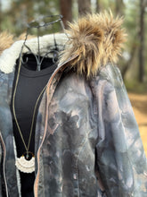 Load image into Gallery viewer, Women’s Size 10 (Fits like a Medium/Large) Upcycled Sherpa Lined Parka Jacket with Faux Fur Hood in ‘Raven Rose’

