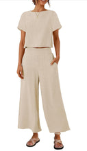 Load image into Gallery viewer, Women’s Large Viscose/Linen Geode Short Sleeve Crop Top and Wide Leg Pants with Pockets 2 Piece Outfit in ‘Charred Redwood’
