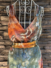 Load image into Gallery viewer, Women’s XS (can fit a small, too) Geode Button Front Jumpsuit with Tie in ‘Nutmeg &amp; Marine’
