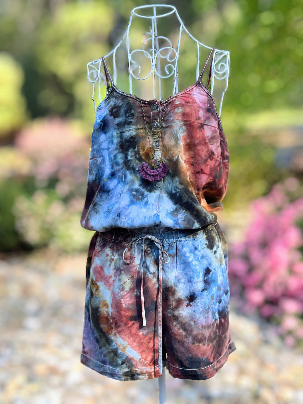 Women’s XS (fits like a small/medium) Geode Chambray Spaghetti Strap Shorts Romper in ‘Rustic Rainbow’