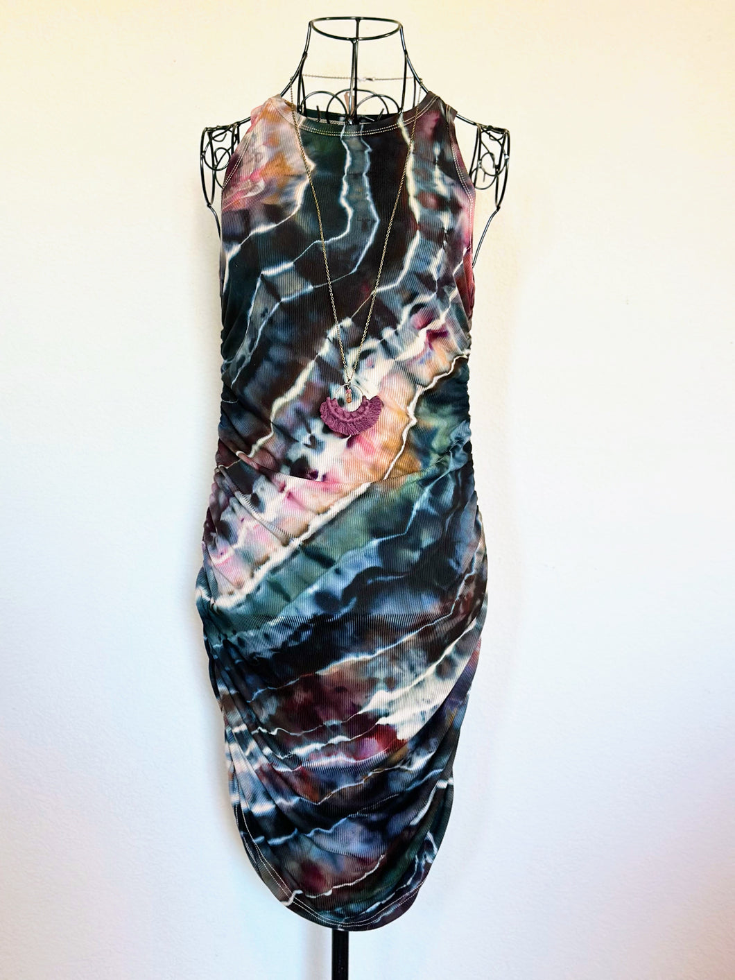 Women’s Large Geode Sleeveless Side Ruched Bodycon Dress in ‘Pinot Sage & Teal’