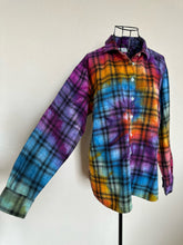 Load image into Gallery viewer, Women’s Medium Upcycled Rainbow Spiral Flannel Shirt
