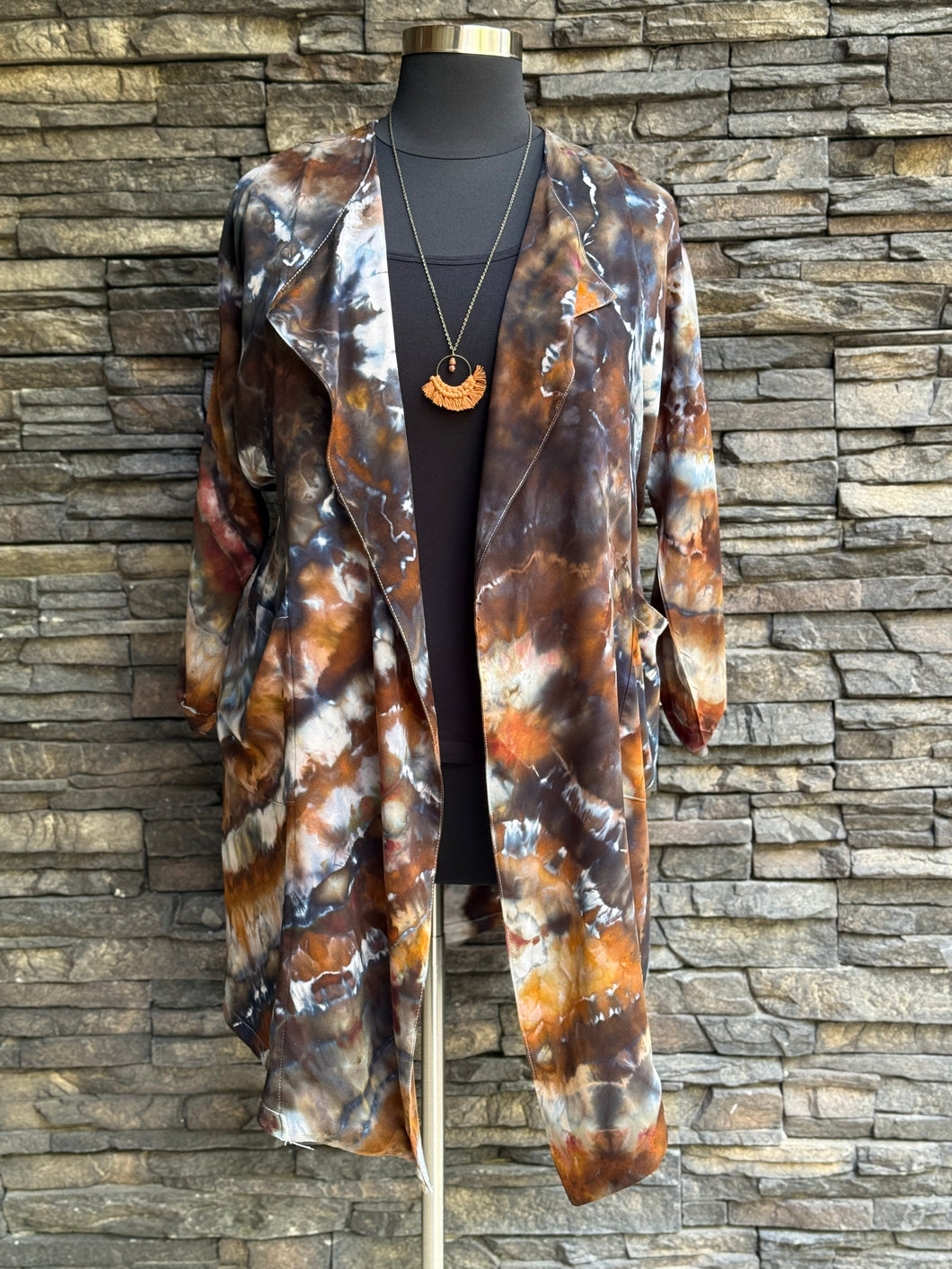 Women’s Large 100% Rayon Geode Open Front Dolman Drape Jacket with 3/4 Sleeves in ‘Turkey Tail Mushroom’