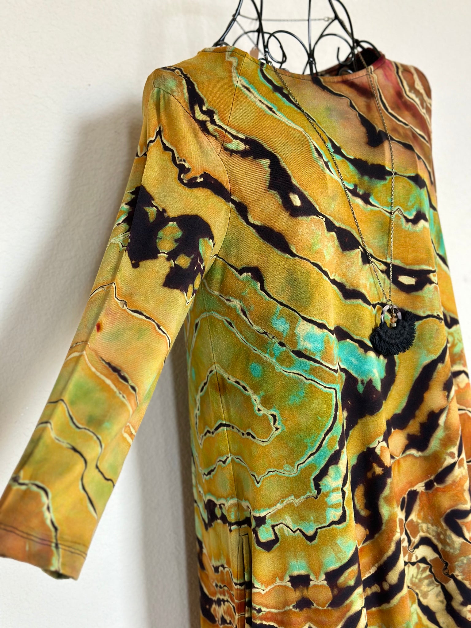 Womens Small Upcycled Reverse Geode Upcycled 3/4 Sleeve Dress with Pockets in Gold Dust Womens Small Upcycled Reverse Geode Upcycled 3/4 Sleeve Dress with Pockets in Gold Dust