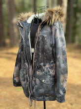 Load image into Gallery viewer, Women’s Size 10 (Fits like a Medium/Large) Upcycled Sherpa Lined Parka Jacket with Faux Fur Hood in ‘Raven Rose’
