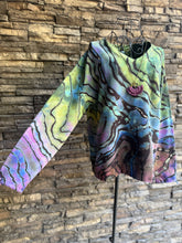 Load image into Gallery viewer, Women’s Small (runs big—fits like a M/L) Reverse Geode V-Neck Pullover Sweatshirt with Tie Sleeve Cuffs in ‘Abalone’
