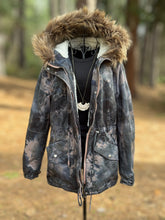 Load image into Gallery viewer, Women’s Size 10 (Fits like a Medium/Large) Upcycled Sherpa Lined Parka Jacket with Faux Fur Hood in ‘Raven Rose’
