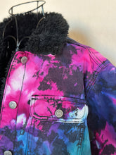 Load image into Gallery viewer, Women’s XS Upcycled Reversed Ice Dyed Sherpa Lined Denim Jacket in ‘Galaxy’
