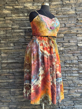 Load image into Gallery viewer, Custom 2 Piece Geode Linen/Rayon Bralette &amp; Midi Skirt Set in ‘Rustic Rainbow’ for Shellby
