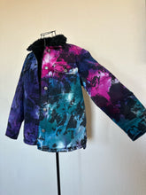 Load image into Gallery viewer, Women’s XS Upcycled Reversed Ice Dyed Sherpa Lined Denim Jacket in ‘Galaxy’
