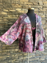 Load image into Gallery viewer, Women’s L (but can fit up to a 2X) Loose Geode Cotton Gauze Kimono with Frayed Hems &amp; 3/4 Sleeves in ‘Black Cherry Storm’
