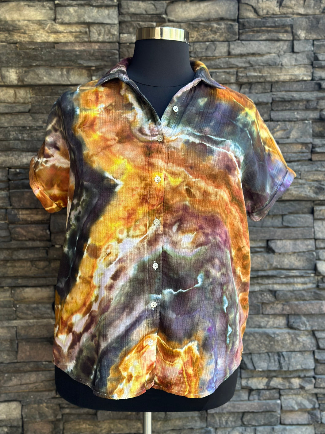Women’s Medium (Oversized fit—more like an XL) Upcycled ‘Soft Surroundings’ Button Up Short Sleeve Cotton Gauze Blouse in ‘Golden Hour’