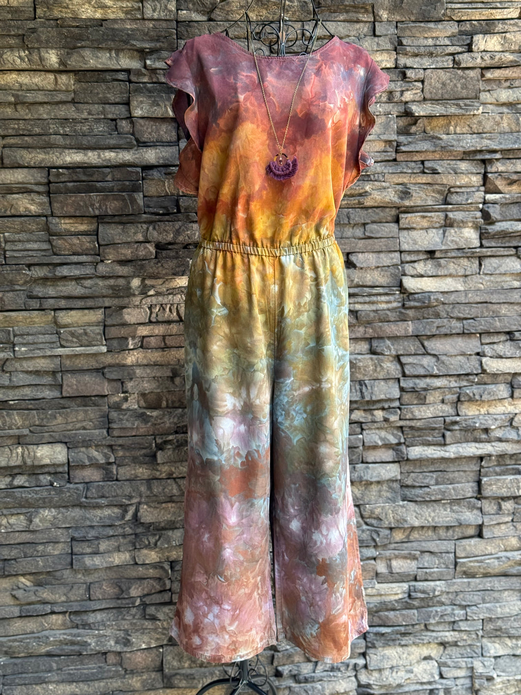 Custom Flutter Sleeve Jumpsuit in ‘Rustic Rainbow’ for Meaghan