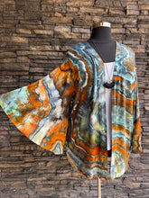 Load image into Gallery viewer, Women’s Medium (can fit a large, too) Geode Hand-sewn Bell Sleeved Kimono with Pockets in ‘Boulder Turquoise’
