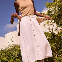 Load image into Gallery viewer, Women’s Large Linen/Rayon Button Front Midi Skirt Pockets in ‘Blue Gray’ Twist
