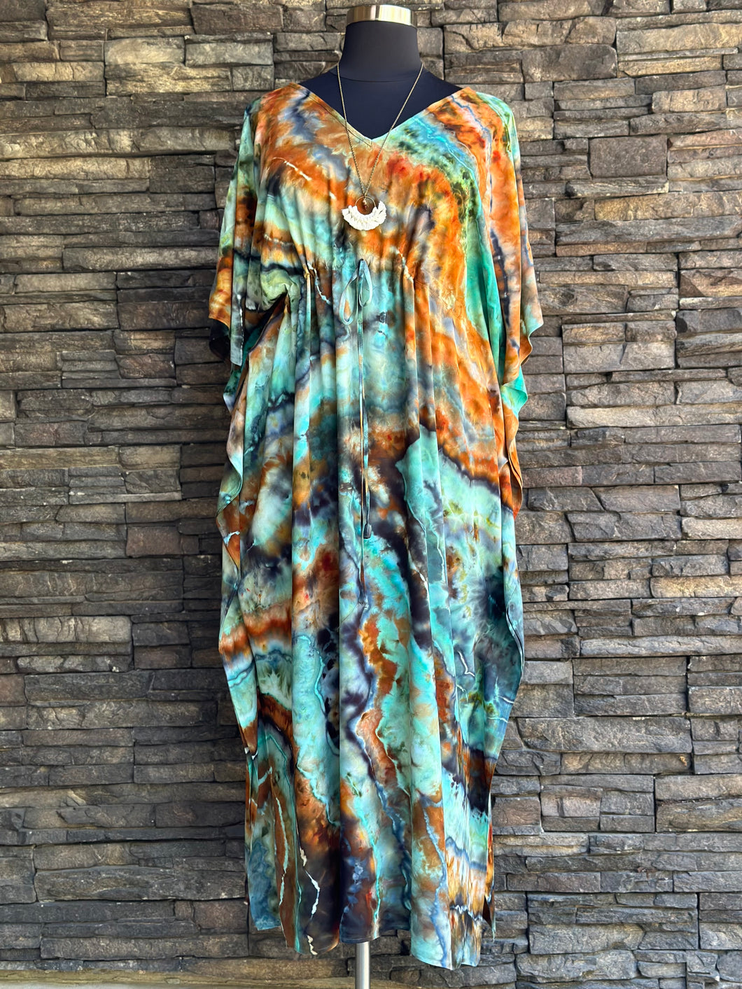Women’s One Size (S-3X) Geode 100% Rayon Tie Front Caftan Dress in ‘Boulder Turquoise’