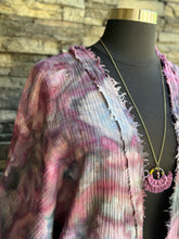Load image into Gallery viewer, Women’s L (but can fit up to a 2X) Loose Geode Cotton Gauze Kimono with Frayed Hems &amp; 3/4 Sleeves in ‘Black Cherry Storm’
