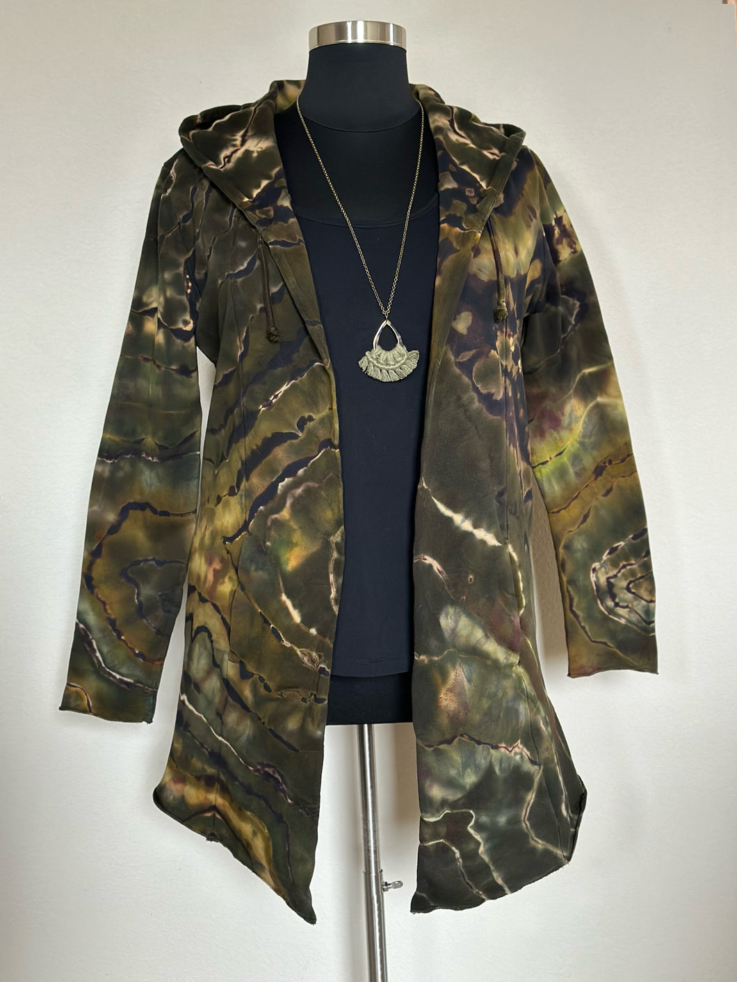 Custom Reverse Geode Hooded Cardigan for Gena in ‘Olive Grove’