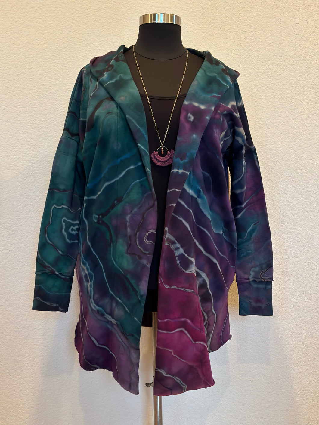 Custom Reverse Geode Hooded Sweatshirt Cardigan in ‘Mermaid’ for Rosie