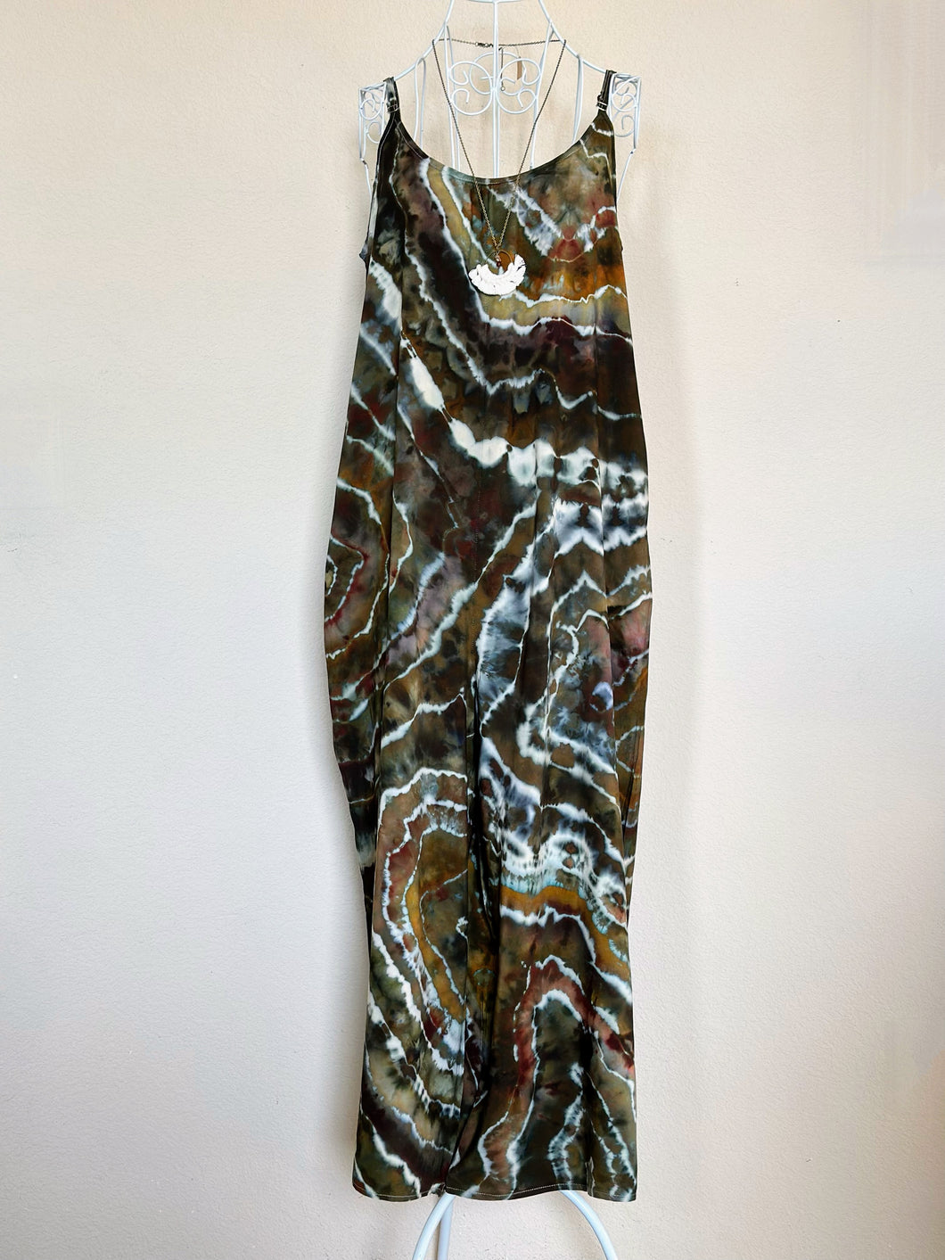 Women’s Large Geode 100% Rayon Wide-Leg Spaghetti Strap Jumpsuit with Pockets in ‘Olive Grove’