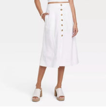 Load image into Gallery viewer, Women’s Large Linen/Rayon Button Front Midi Skirt Pockets in ‘Blue Gray’ Twist
