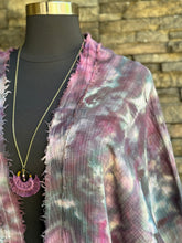 Load image into Gallery viewer, Women’s L (but can fit up to a 2X) Loose Geode Cotton Gauze Kimono with Frayed Hems &amp; 3/4 Sleeves in ‘Black Cherry Storm’
