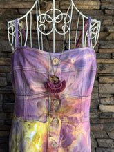 Load image into Gallery viewer, Women’s XL Ice Dyed Midi A-Line Denim Corset Dress with Pockets in ‘Sugar Plum’
