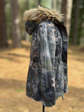 Load image into Gallery viewer, Women’s Size 10 (Fits like a Medium/Large) Upcycled Sherpa Lined Parka Jacket with Faux Fur Hood in ‘Raven Rose’
