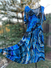 Load image into Gallery viewer, Custom Reverse Geode Dress in ‘Midnight Sapphire’ and Reverse Geode Hooded Sweatshirt Cardigan in ‘Abalone’ for Kari
