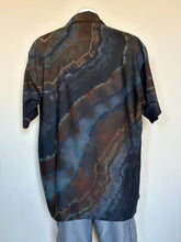 Load image into Gallery viewer, Men’s XL Reverse Geode Rayon Button Up Short Sleeve Shirt in ‘Midnight Jasper’
