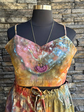 Load image into Gallery viewer, Custom 2 Piece Geode Linen/Rayon Bralette &amp; Midi Skirt Set in ‘Rustic Rainbow’ for Shellby
