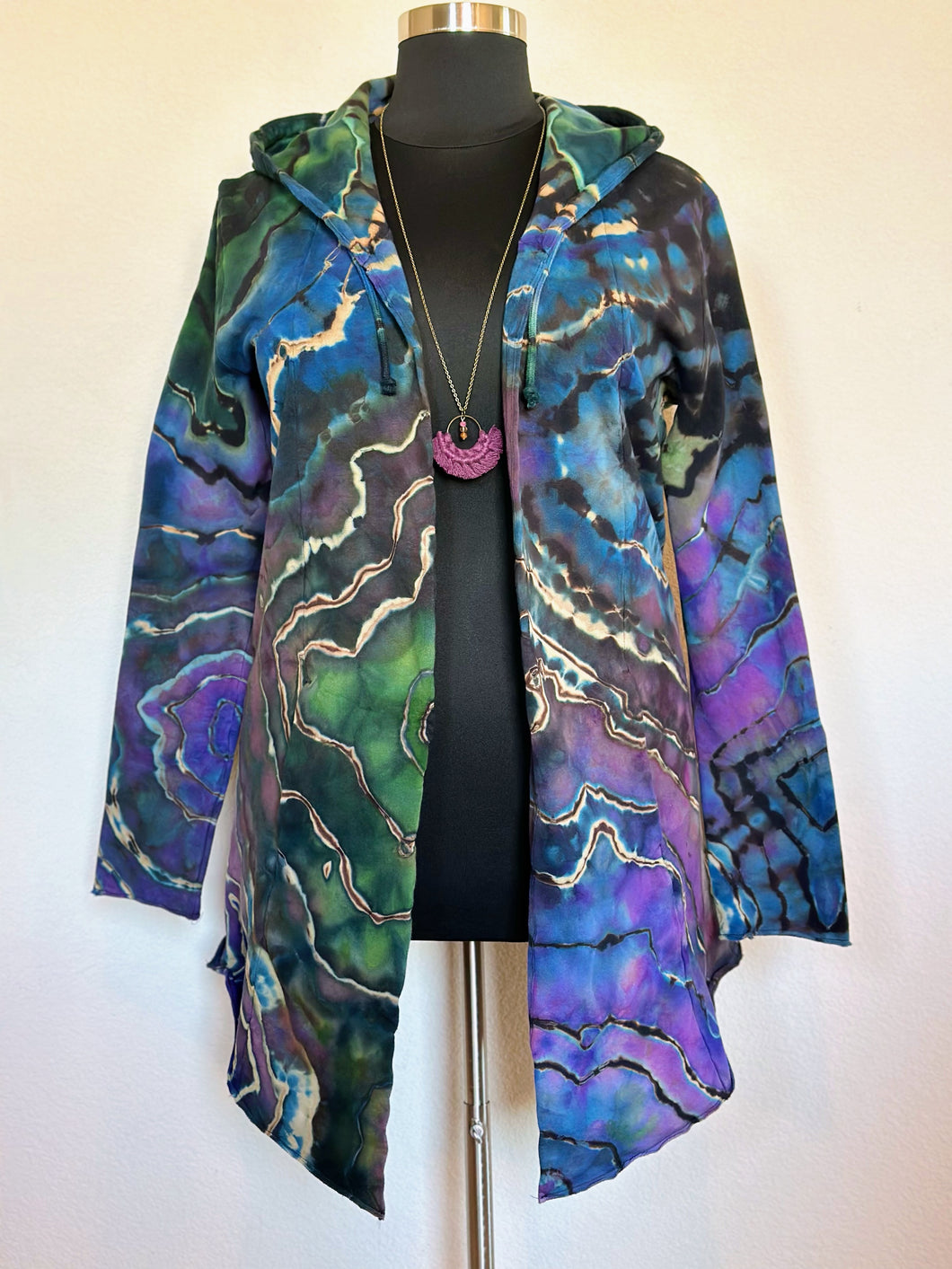 Custom Reverse Geode Hooded Cardigan with Pockets in ‘Abalone’ for Amber